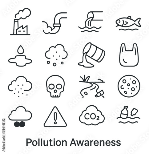 Pollution awareness icon collection: environmental hazard simple icons. skull, waste, co2, bag, fish