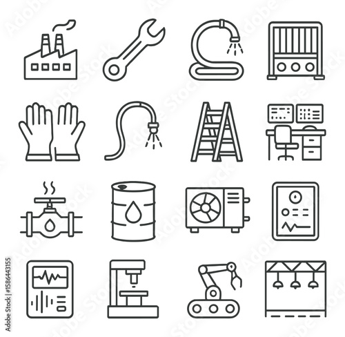 Industrial icon collection. essential line art tools. factory, wrench, valve, gloves, ladder