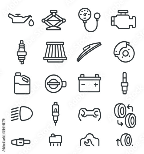 Vehicle maintenance icon collection: essential car care linear icons. oil, tire, brake, engine, battery, filter