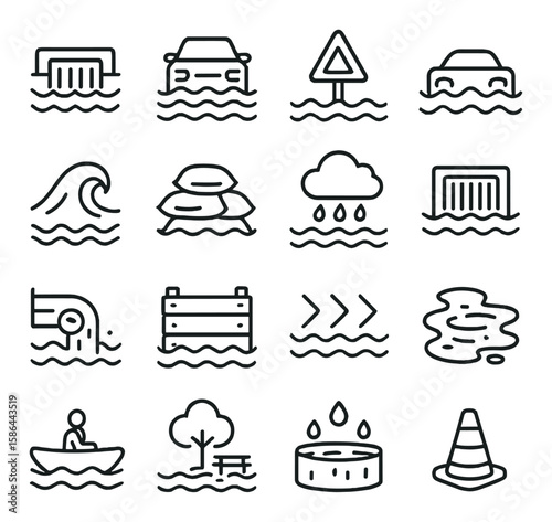Flood icon collection. emergency and safety linear icons. floodgate, car, wave, rain, evacuation