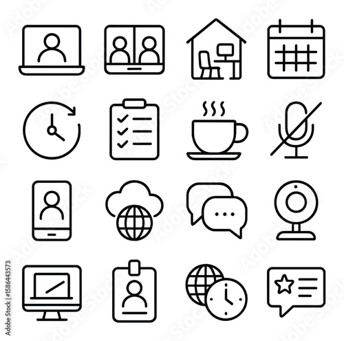Remote work icon collection. simple linear home office. laptop, meeting, coffee, microphone, webcam
