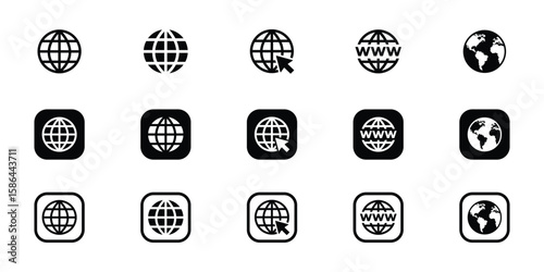 Set of Internet and Globe Icons in Black and White Squares Vector Format