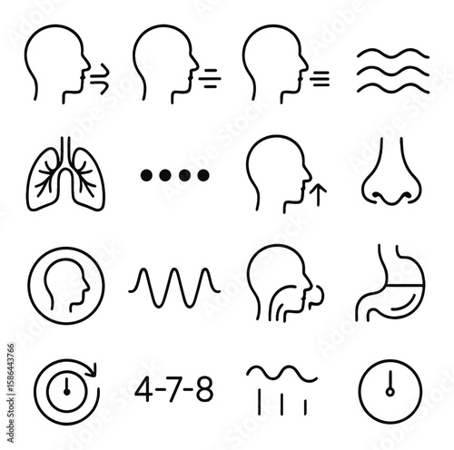 Breathing techniques icon collection. simple breath, nose, lung, timing, rhythm