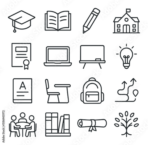 Minimalist education icon collection. school, diploma, pencil, book, laptop, backpack icons. simple