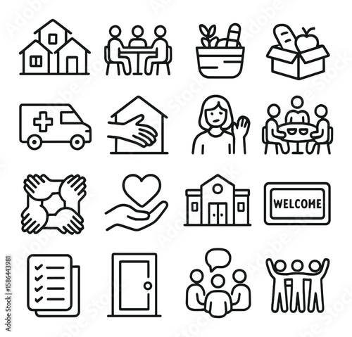 Community care icon collection. simple community support, flat icons. home, help, welcome, ambulance, meeting, group, basket, checklist
