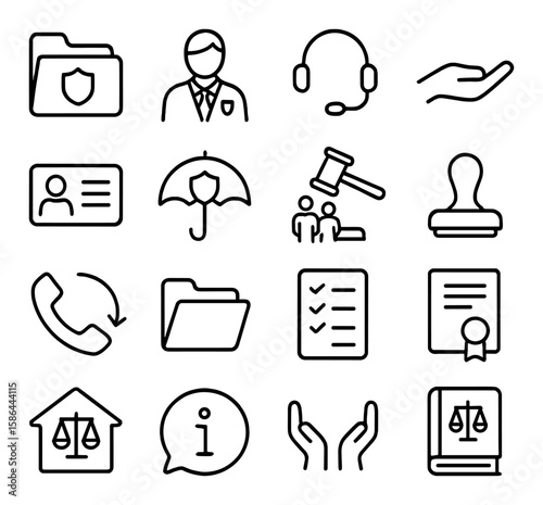Legal support icon collection: flat law, lawyer, court, contract, notary, justice, certificate