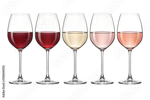 Five Glasses of Wine Red White Rose Isolated on a transparent background red wine white wine