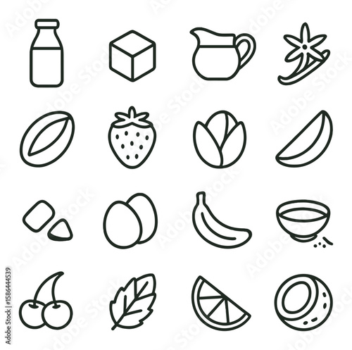 Ice cream icon collection. delicious ingredients linear set. milk, sugar, fruit, cream, spice