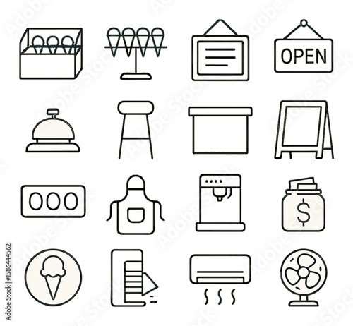 Ice cream parlor icon collection. simple line art. cone, table, menu, sign, apron, fan, bell