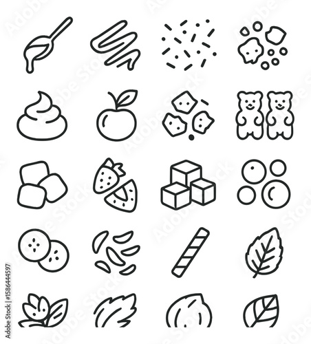 Topping icon collection: minimalist food toppings, linear style - candy, honey, fruit, snack