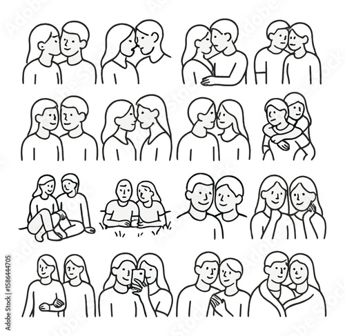 Love pose icon collection. romantic couple silhouette icons. hugs, kisses, selfie, embrace