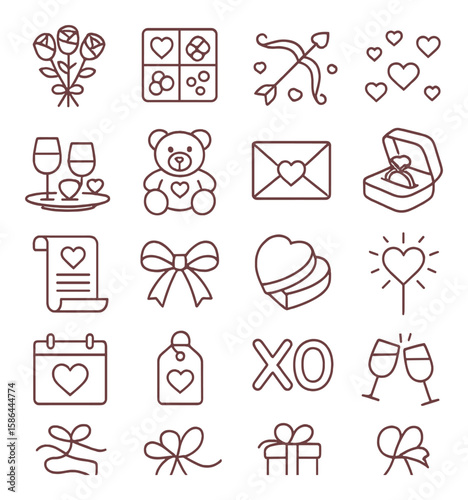 Valentine's day icon collection. minimalist linear hearts, gift, bear, wine, bow, love
