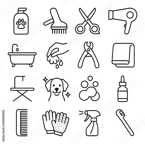 Dog grooming icon collection. pet care linear icons: shampoo, brush, scissors, hairdryer, bath, towel, paw, comb,