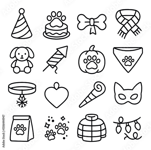 Dog holiday icon collection. festive pet linear icons: party hat, cake, bow, paw, bandana, mask, firework