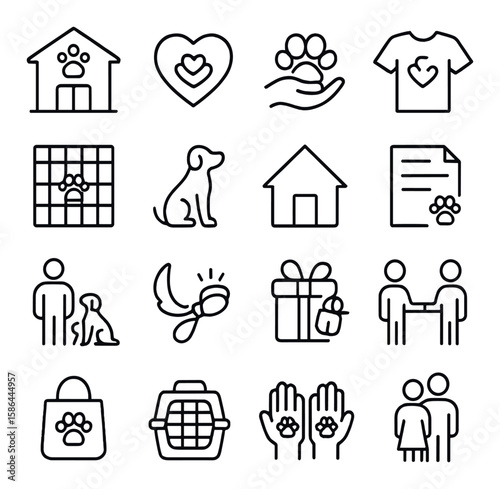 Rescue and adoption icon collection. animal care linear symbols: shelter, heart, paw, dog, gift, document
