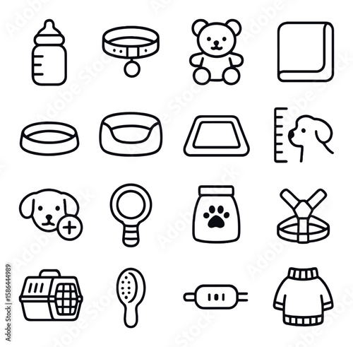 Puppy care icon collection: minimalist line icons for bottle, collar, toy, bed, carrier