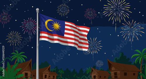 The Malaysian flag flies high against a backdrop of colorful fireworks at night, symbolizing national pride and celebration.