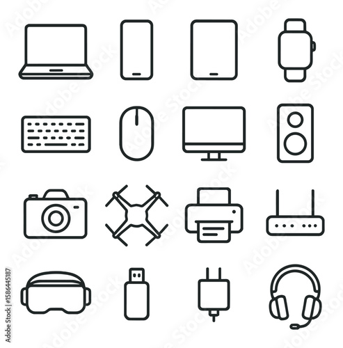 Minimal tech icon collection: linear laptop, phone, tablet, smartwatch, usb, drone, router