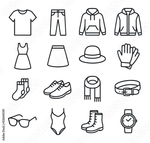 Minimalist clothing icon collection. flat apparel, shirt, pants, dress, accessories