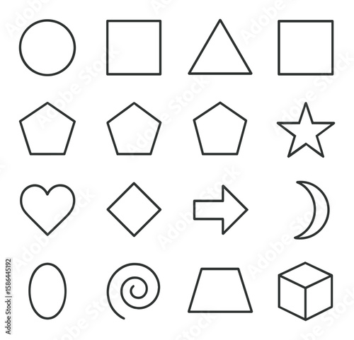 Minimalist geometric icon collection. simple linear shapes: circle, square, triangle,