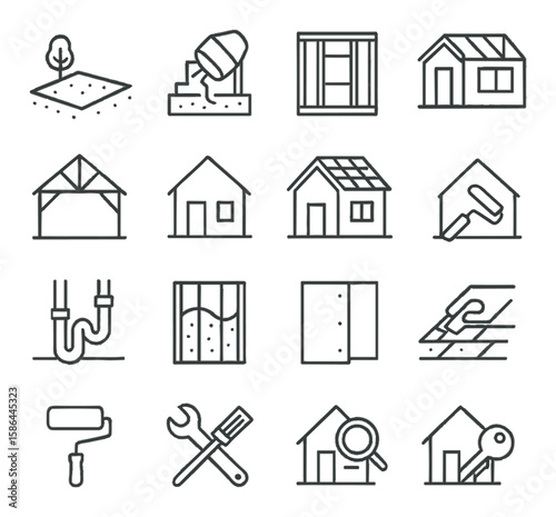 House construction icon collection. simple home build linear icons: cement, roof, pipes, tools
