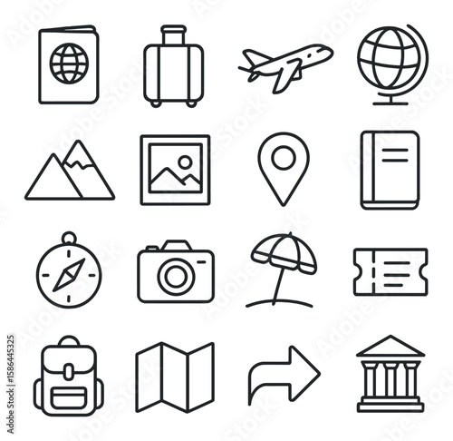 Minimal travel icon collection. linear style: passport, suitcase, airplane, globe, map