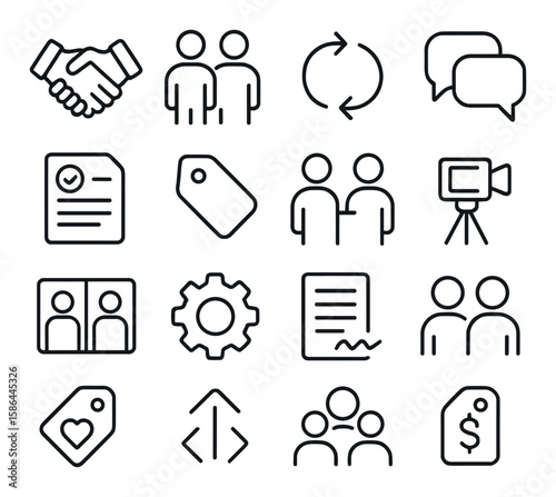 Collaboration icon collection. communication, team, handshake, gear, document. simple linear