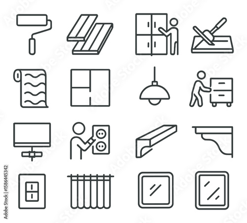 Home renovation icon collection. minimalist linear icons: roller, floor, cabinet, paint, wall, lighting,