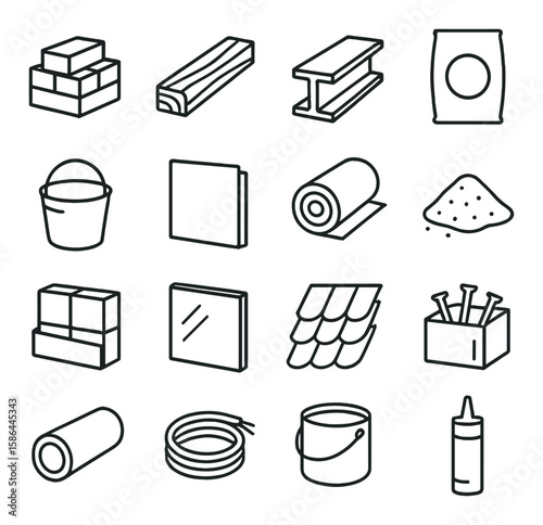 Minimalist building icon collection. construction, material, silhouette: brick, wood, glass, nails