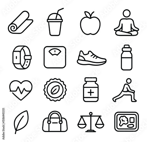 Minimalist wellness icon collection. fitness, yoga, diet, meditation, leaf, balance linear