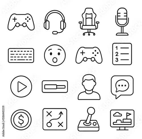 Gaming icon collection: minimalist linear style. controller, keyboard, headset, microphone, player, joystick