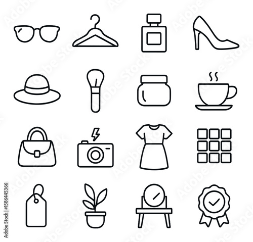 Fashion icon collection: minimal style accessories and clothing. sunglasses, shoes, dress, bag, perfume, hat, camera, cup,
