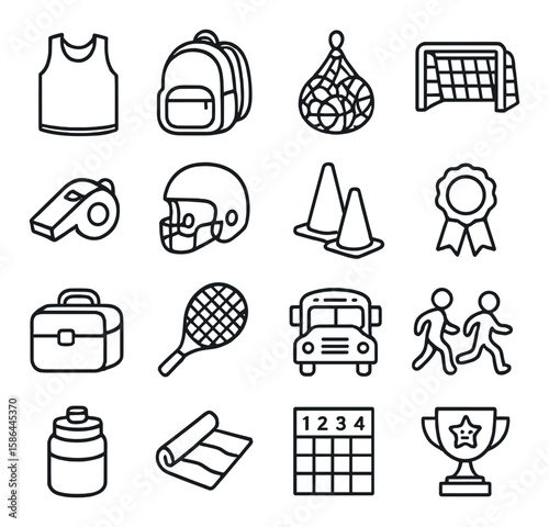 Youth sports icon collection: simple linear icons of ball, whistle, backpack, medal, trophy