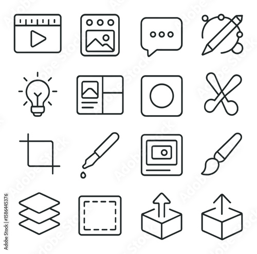Content creation icon collection. media, design, editing tools flat icons: video, image, pen, text, upload