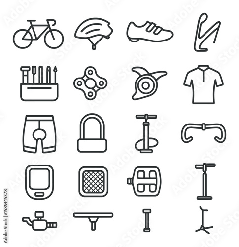Cycling icon collection. minimalist bicycle gear linear icons. helmet, chain, pedal, pump, jersey, lock, handlebar