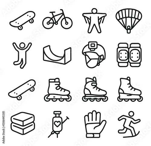 Extreme sports icon collection. adventure activities linear icons. skateboard, bike, parachute, rollerblades, helmet, knee pads