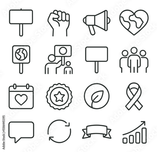 Activism icon collection. protests, megaphone, earth, unity, banner linear symbols. support, peace, ribbon, fist, growth