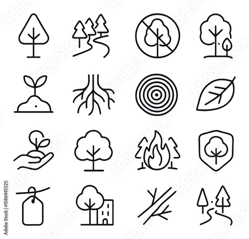 Minimalist forest icon collection. nature elements linear set. tree, trail, seedling, roots, wood, leaf