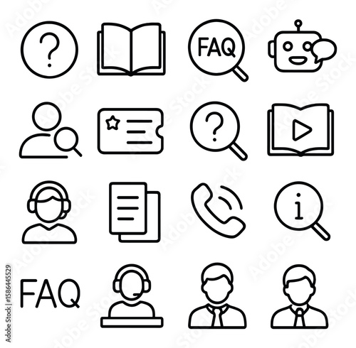 Minimal help icon collection: linear support, faq, chatbot, contact, info, search