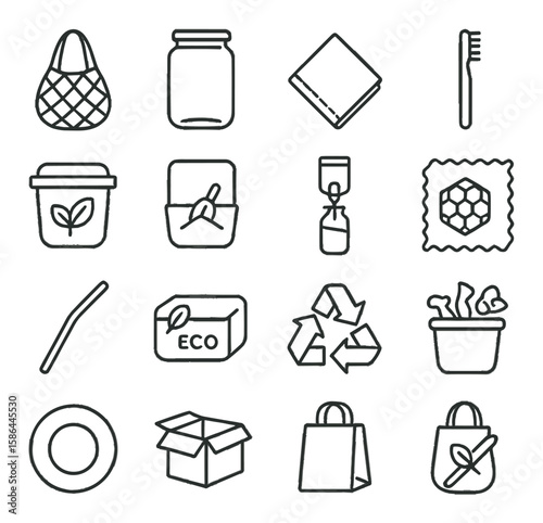 Zero waste icon collection. eco-friendly linear design. recycle, tote, jar, bag, toothbrush, reuse