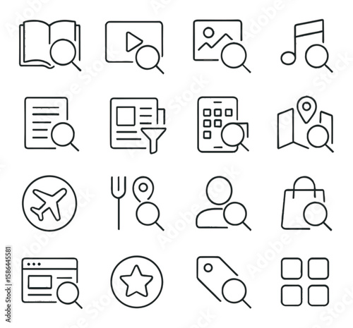Search icon collection. minimalistic line style search, book, video, image, music, map