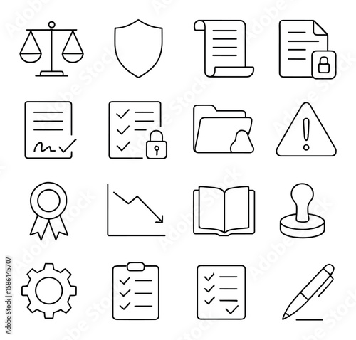 Legal icon collection. law, contract, shield, folder, book, simple linear