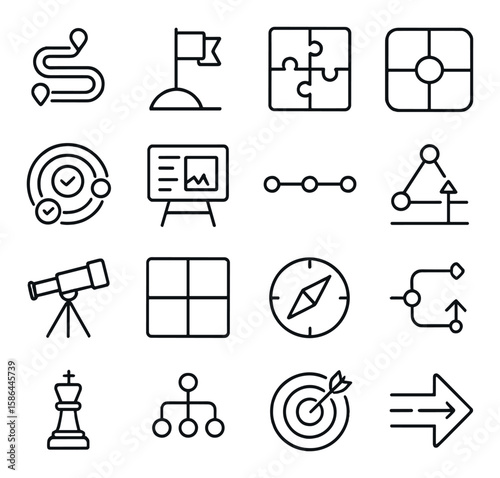 Strategic plan icon collection. business strategy linear icons. puzzle, chart, compass, chess