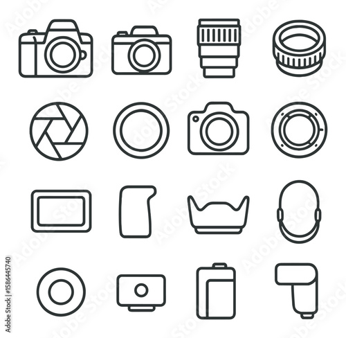 Camera gear icon collection. minimalist photography linear icons: camera, lens, flash, shutter, battery