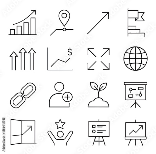 Business growth icon collection: linear success tools. graph, arrow, globe, chart, plant, goal, line