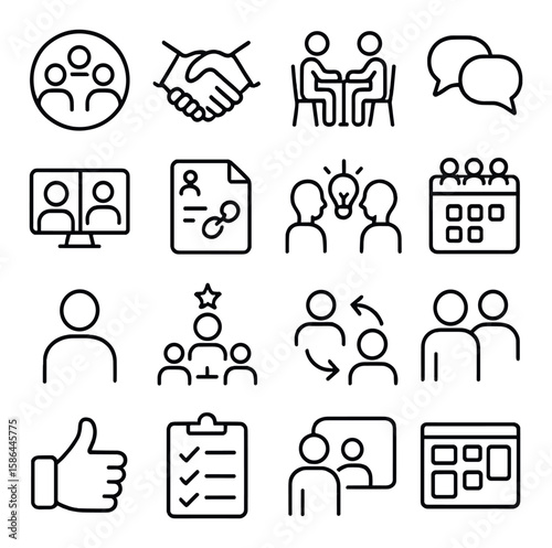 Team collaboration icon collection. meeting, chat, idea, handshake, task, linear