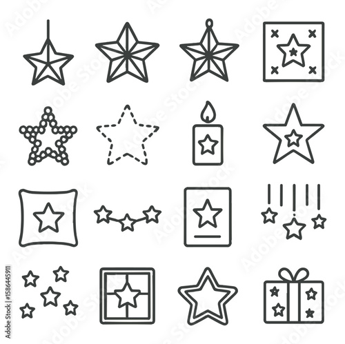 Star icon collection. minimalistic star, candle, gift, garland, pillow designs. simple line style