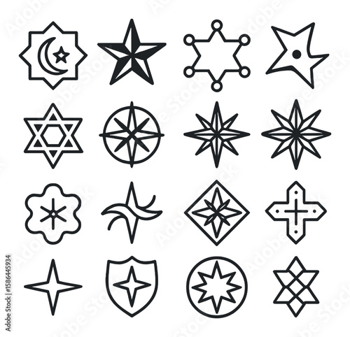 Cultural star symbols icon collection. simple, silhouette stars, cross, moon, shield