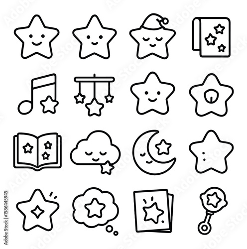 Children's star icon collection. simple star, moon, cloud, book, mobile, music flat