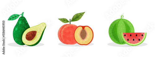 Set of illustrations with fruits. Watermelon, peach and avocado. Isolated vector fruit icons. Illustration with grain effect